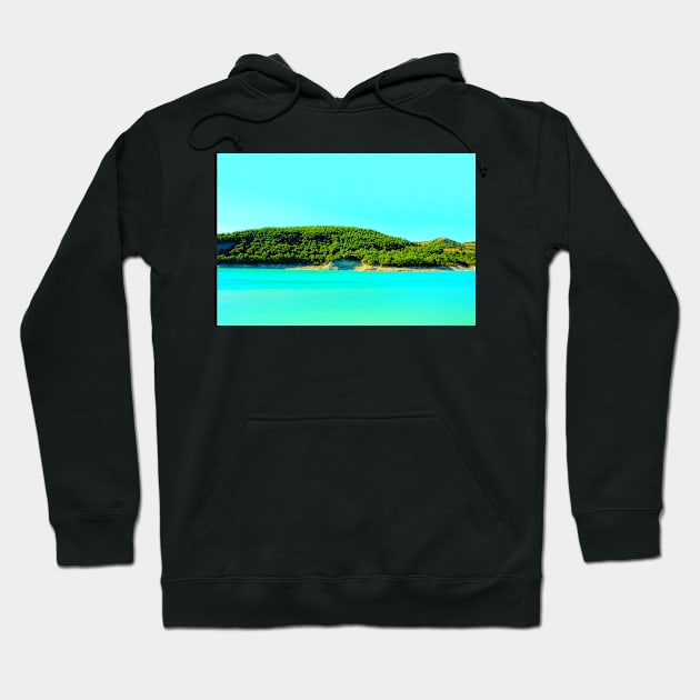 Scene from Lago di Fiastra with waters, shores, hills and buildings Hoodie by KristinaDrozd